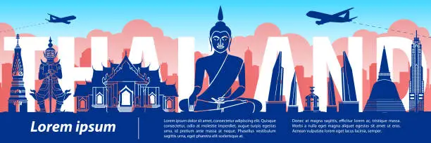 Vector illustration of Thailand famous landmark silhouette style,text within,travel and tourism,sunset tone color theme