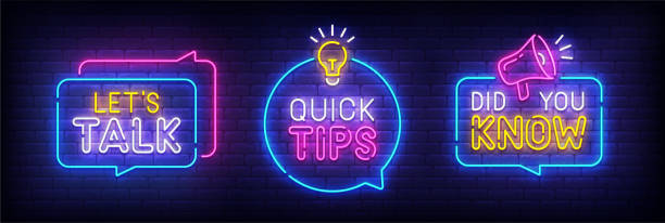 sale2 Quote neon sign, bright signboard, light banner. Let's Talk, Quick Tips, Did You Know neon, emblem. Vector illustration megaphone backgrounds stock illustrations