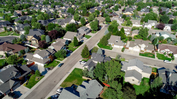 istock Main street leads through a subdivision with homes and trees 1168787778