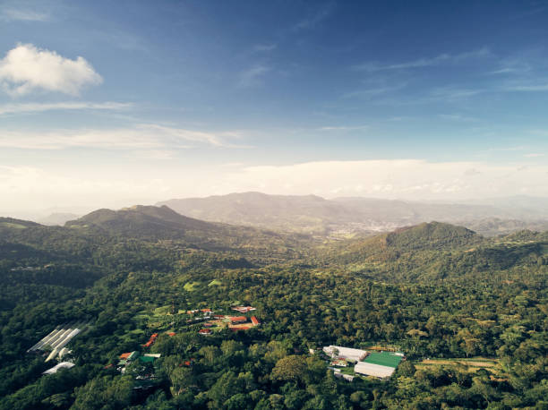Farm in mountain green landscape aerial above drone view