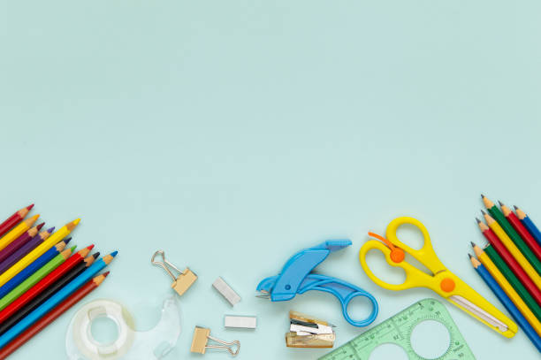 istock Back to school flat lay on blue background 1168789315