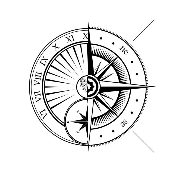Sundial and windrose half symbols Black outline windrose and sundial silhouettes isolated on white background ancient sundial stock illustrations