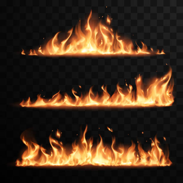 реалистичное пламя огня, установлено на прозрачном черном фоне - огонь иллюстрации stock illustrations