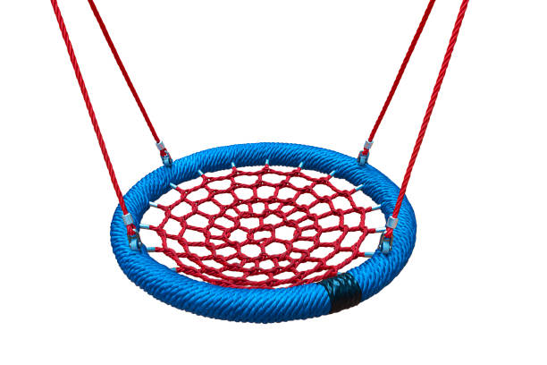 Rope circle blue seat on a white background. Red rope web for swing closeup. An isolated circle of rope for a swing, close-up.