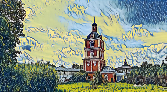 Photographic art picture of orthodox monastery tower under cloudy sky