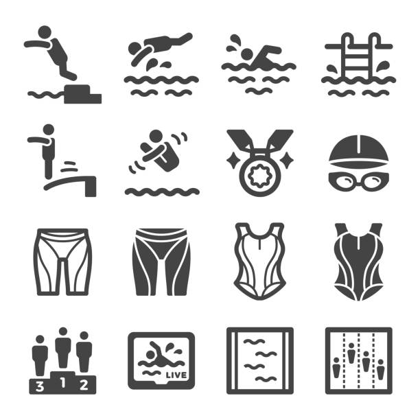 illustrations, cliparts, dessins animés et icônes de ensemble d'icône de natation - silhouette water men jumping