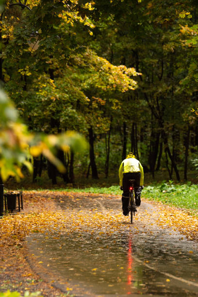 istock Biking in colorful autumn park during rain 1168796845