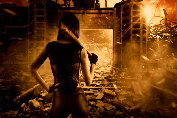 istock Female assassin in post apocalyptic scene 1168796861