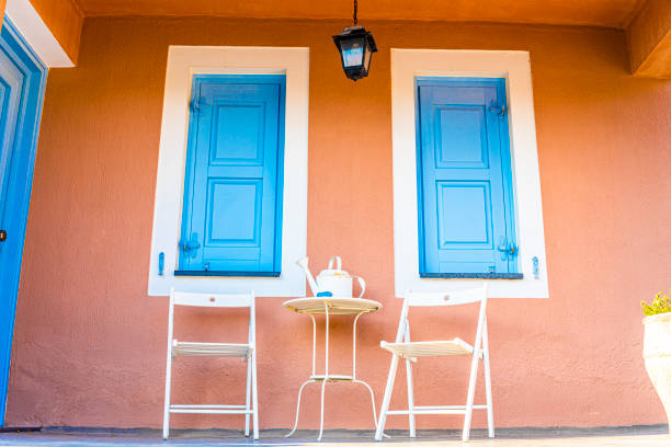 Beautiful greek porch with blue windows