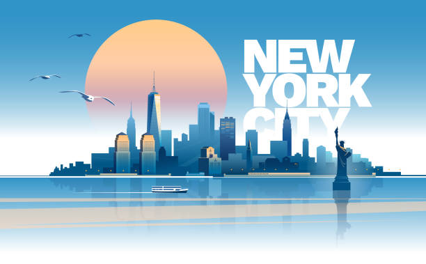 Skyline of New York city Skyline of New York City at sunset time. Main parts are on the separate layers new york city illustrations stock illustrations