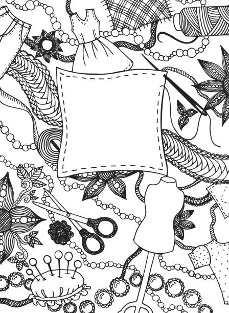 ilustrações, clipart, desenhos animados e ícones de ilustração criativa desenhada mão do contexto da ocupação com artigos sewing diferentes e elementos da decoração - craft ribbon flower black