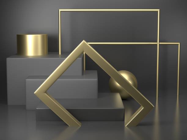 istock 3D rendering black podium geometry with gold elements. Abstract geometric shape blank podium. Minimal scene square step floor abstract composition 1168801747