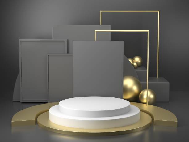 istock 3D rendering black podium geometry with gold elements. Abstract geometric shape blank podium. Minimal scene square step floor abstract composition 1168801750