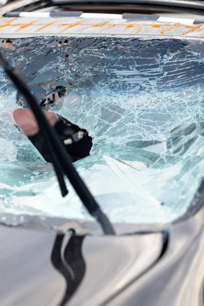 istock Broken glass and crack in car after traffic accident 1168803421