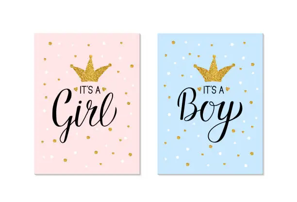 Vector illustration of Gender Reveal banners It's a Girl and It's a Boy. Calligraphy lettering with gold glitter crown and confetti. Vector template for Baby shower party decoration, invitation, announcement ,  poster, etc.