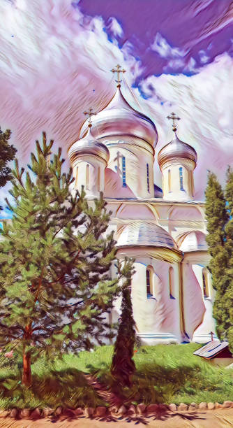 retrato fotográfico da arte das torres brancas do monastério ortodoxo famoso de nikitsky o céu nebuloso azul no verão - plescheevo - fotografias e filmes do acervo
