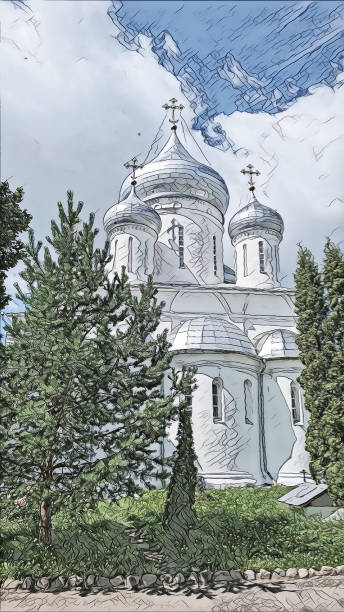 immagine d'arte fotografica delle torri bianche del famoso monastero ortodosso nikitsky sotto il cielo nuvoloso blu in estate - plescheevo foto e immagini stock