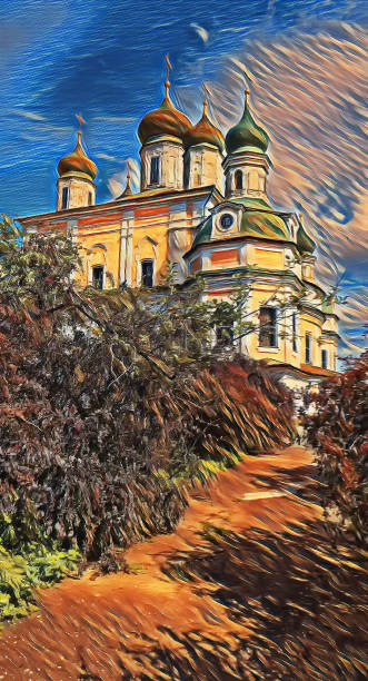 imagen de arte fotográfico del camino al concepto de la iglesia: sendero al famoso monasterio ortodoxo goritsky bajo el cielo azul nublado en verano - plescheevo fotografías e imágenes de stock