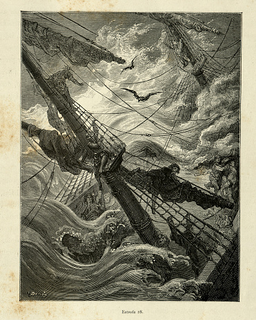 Vintage illustration from the story Orlando Furioso. Sailors clinging to the mast of a sinking ship. Orlando Furioso (The Frenzy of Orlando) an Italian epic poem by Ludovico Ariosto, illustrated by Gustave Dore. The story is also a chivalric romance which stemmed from a tradition beginning in the late Middle Ages.