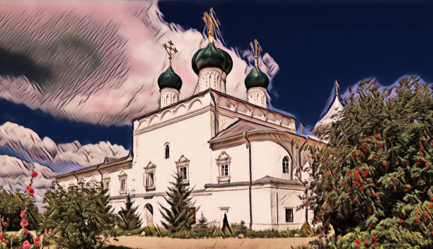 immagine d'arte fotografica del famoso monastero ortodosso goritsky sotto il cielo nuvoloso blu in estate - plescheevo foto e immagini stock