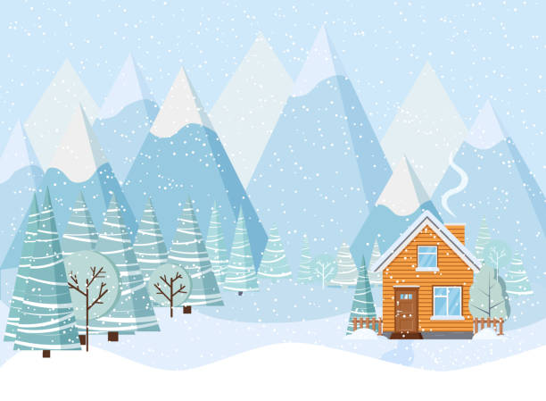 istock Beautiful Christmas winter landscape background with mountains, snow, trees, spruces, country house cartoon flat style. 1168805924