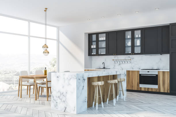 istock White marble and gray kitchen corner bar and table 1168806104