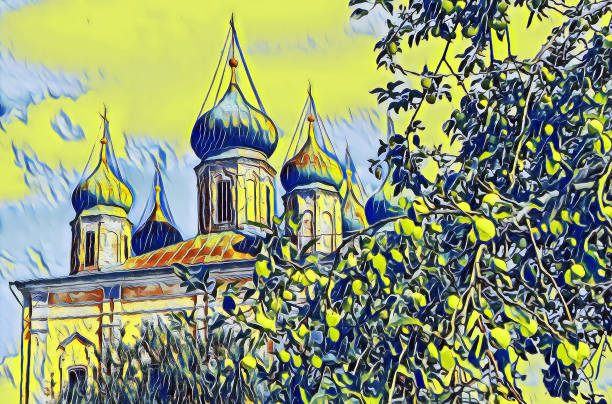 immagine d'arte fotografica del famoso monastero ortodosso goritsky sotto il cielo nuvoloso blu in estate - plescheevo foto e immagini stock