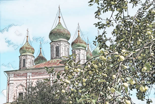 imagen de arte fotográfico del famoso monasterio ortodoxo goritsky bajo el cielo azul nublado en verano - plescheevo fotografías e imágenes de stock