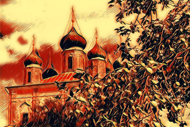 imagen de arte fotográfico del famoso monasterio ortodoxo goritsky bajo el cielo azul nublado en verano - plescheevo fotografías e imágenes de stock