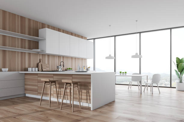 istock White and wooden kitchen corner with bar and table 1168807116