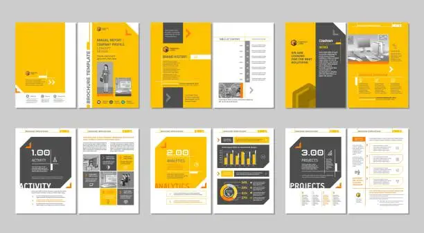 Vector illustration of Brochure creative design. Multipurpose template, include cover, back and inside pages. Trendy minimalist flat geometric design.