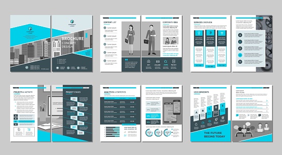 Brochure creative design. Multipurpose template, include cover, back and inside pages. Trendy minimalist flat geometric design.