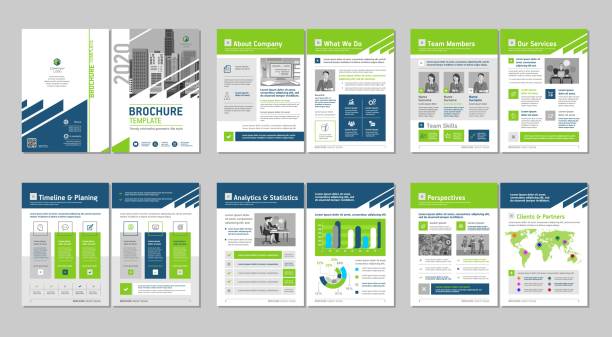 illustrazioni stock, clip art, cartoni animati e icone di tendenza di brochure design creativo. modello polivalente, include copertina, retro e pagine interne. design geometrico piatto minimalista alla moda. - volantino