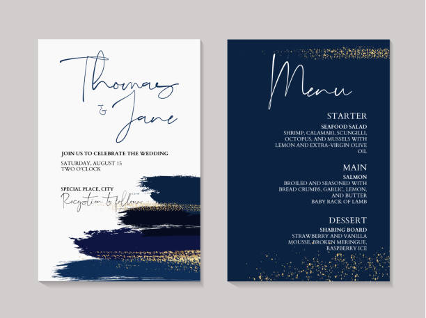 Wedding navy grunge splash invitation cards with Luxury gold and indigo marble texture background. Abstract ocean style vector design template Wedding navy grunge splash invitation cards with Luxury gold and indigo marble texture background. Abstract ocean style vector design template. navy watercolor stock illustrations