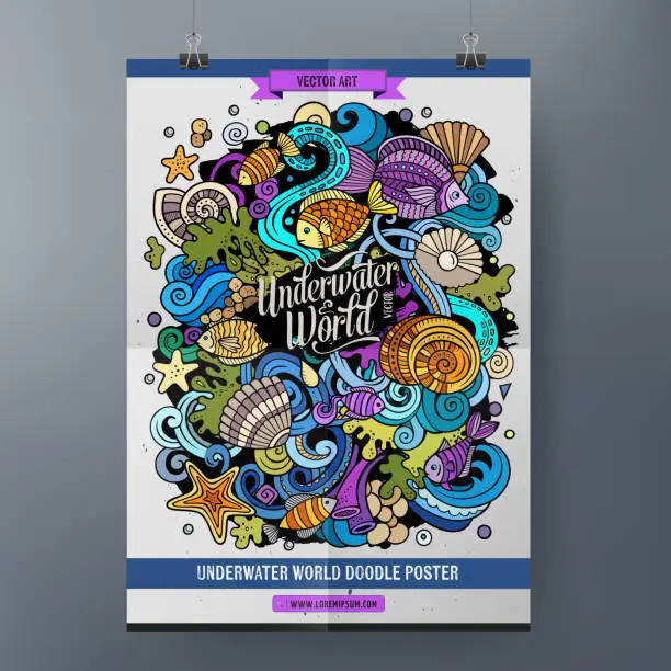 Vector illustration of Cartoon hand drawn doodles Sea life poster design