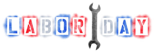 texte de fête du travail dans le pochoir rouge, blanc, et bleu de peinture de pulvérisation avec la clé de croissant d'isolement sur le blanc - adjustable wrench wrench clipping path red photos et images de collection