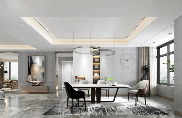 3d render of living and dining room - living room showcase interior luxury dining room imagens e fotografias de stock