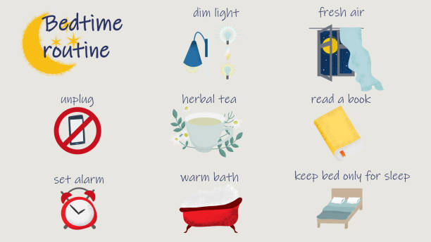 Bedtime routine for better sleep. Vector illustration of tips to improve night rest and health. Bedtime routine for better sleep. Vector illustration of tips to improve night rest and health. bedtime illustrations stock illustrations