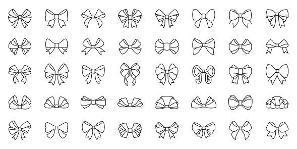 Bow ribbon thin line icon set. Gift birthday xmas or sale decor collection of simple outline signs. Fashion tie symbol in linear style. Contour flat icons design. Isolated on white vector Illustration