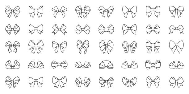 Bow ribbon gift box decor tie line icon vector set Bow ribbon thin line icon set. Gift birthday xmas or sale decor collection of simple outline signs. Fashion tie symbol in linear style. Contour flat icons design. Isolated on white vector Illustration hair bow stock illustrations