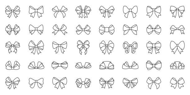 Bow ribbon gift box decor tie line icon vector set vector art illustration