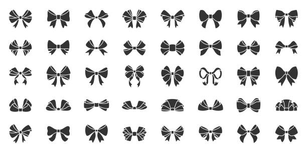 Ribbon bow gift black silhouette icon vector set Ribbon bow silhouette icons set. Elegant tie symbol, simple shape pictogram collection. Gift, sale, xmas, birthday decor design element. Flat black sign. Isolated on icon concept vector illustration gift silhouettes stock illustrations