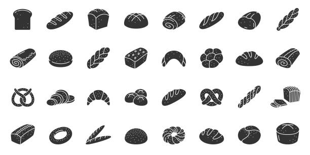 Bread bakery baking silhouette icon vector set Bread silhouette icons set. Fresh baking symbol, simple shape pictogram collection. Bakery design element. Toast, loaf, baguette, bun flat black sign Isolated on white icon concept vector illustration bread silhouettes stock illustrations