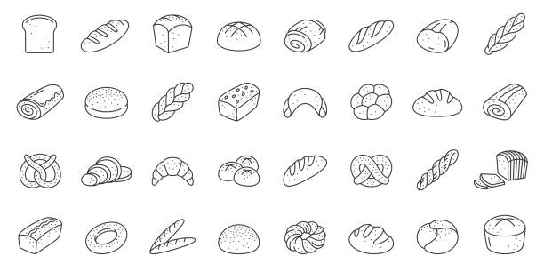 빵 베이커리 베이킹 덩어리 얇은 라인 아이콘 벡터 세트 - baguette stock illustrations