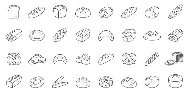 Bread bakery baking loaf thin line icon vector set Bread thin line icon set. Bakery collection of simple outline signs. Fresh baking symbol in linear style. Toast, baguette, bun contour flat icons design. Isolated on white concept vector Illustration bun bread illustrations stock illustrations