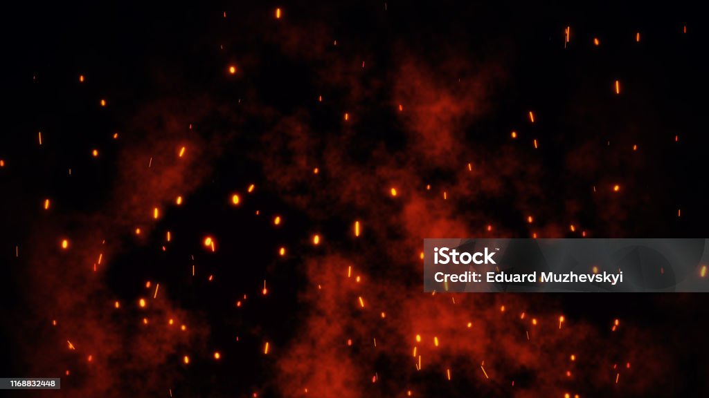 불타는 빛나는 빨간 뜨거운 불꽃, 불씨는 밤 하늘에 큰 화재에서 비행 - 로열티 프리 스파크 스톡 사진
