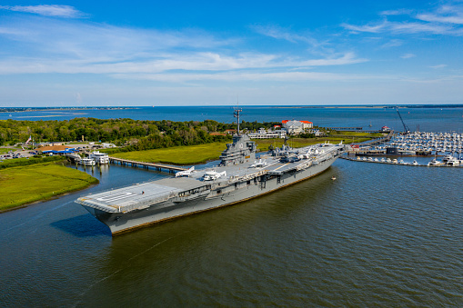 Mt Pleasant, SC, USA - August 5, 2019: Aerial photo USS Yorktown Mt Pleasant South Carolina USA