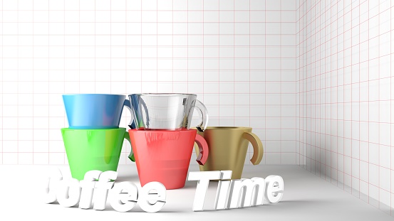 Coffee Time concept with modern multicolored coffee cups - 3D rendering illustration