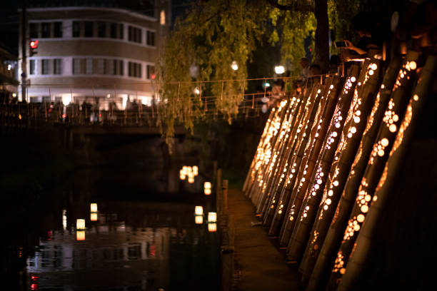 Lantern floating event at summer night in Japan