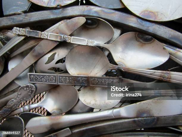Old Stainless Steel Spoons Background Stock Photo - Download Image Now - Silver Colored, Antique, Art